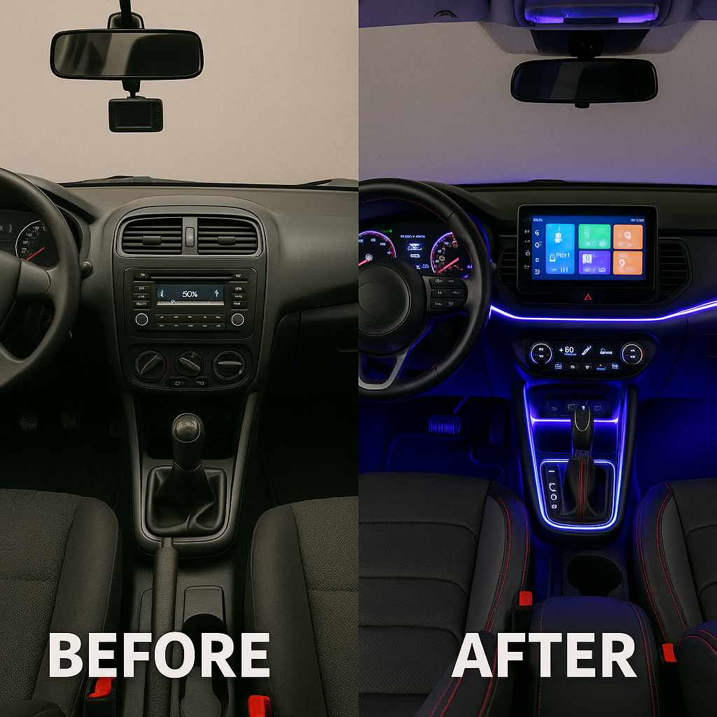 Car interior upgrades for performance and comfort — new infotainment system, LED lighting, dash cam, and protective accessories.